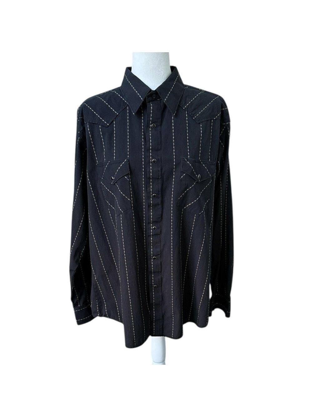 Wrangler Western Shirt Men Black Silver Stripe Pearl Snap Sawtooth Vintage XL